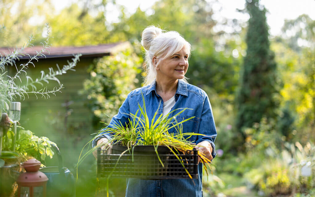 An older woman smiles as she carries a box with some outdoor plants in it as she walks her garden