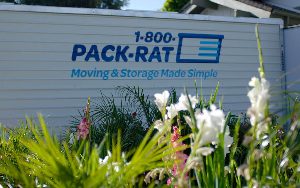 A 1-800-PACK-RAT container sits in a customer's driveway with some pretty flowers in the yard in front of the container's side