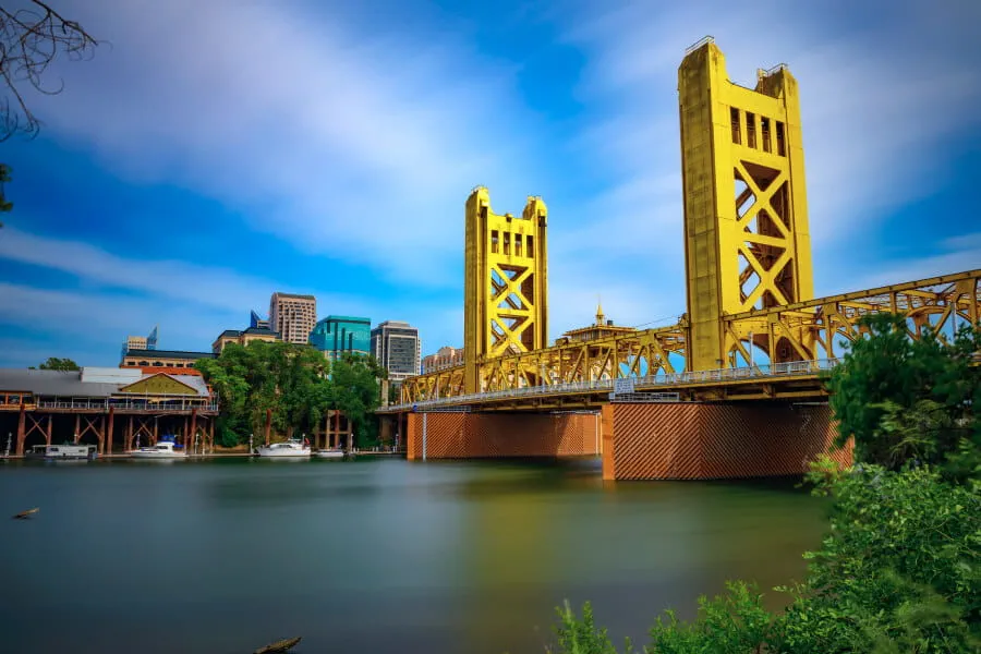 Gold Tower Bridge and Sacramento River in Sacramento, California