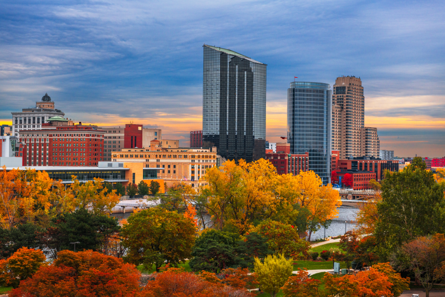 A view of downtown Grand Rapids, MI at dawn on a slightly overcast Fall day.
