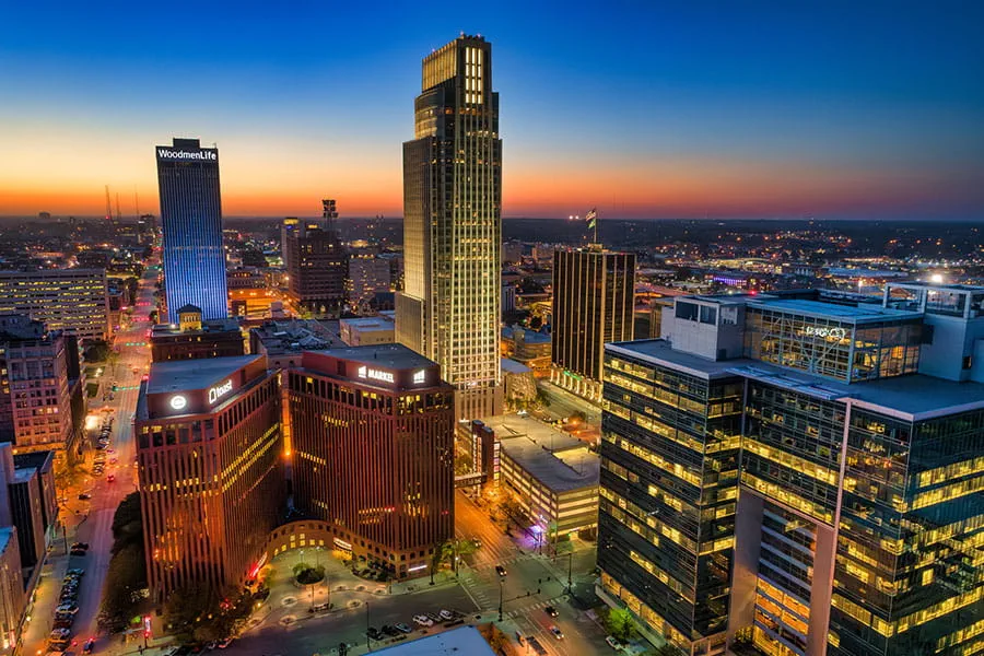 A view of the downtown Omaha, Nebraska skyline at dusk