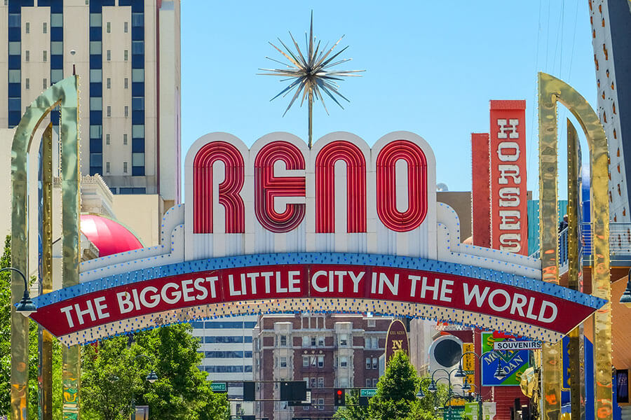 A view of the famous Reno arch that says "Reno - The Biggest Little City in the World" in Reno, NV