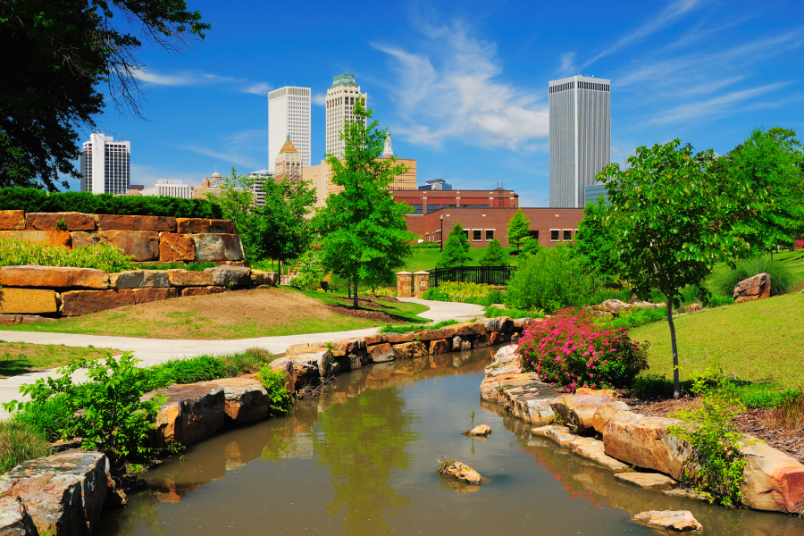 Tulsa, Oklahoma downtown skyline and park.