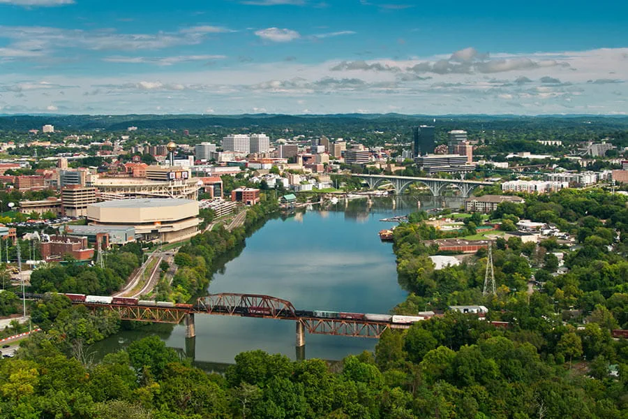 An aerial view of downtown Knoxville during a sunny afternoon