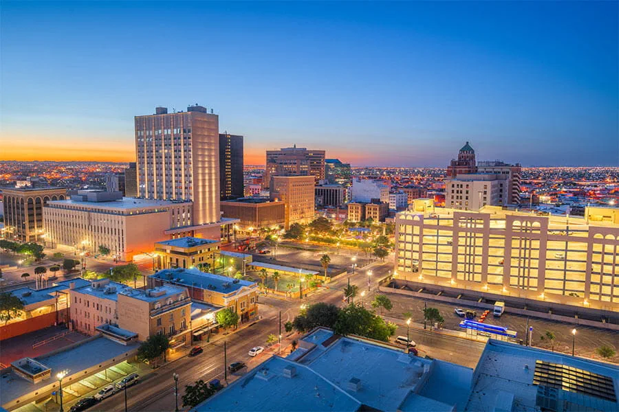 A view of the El Paso downtown skyline at twilight on a clear evening