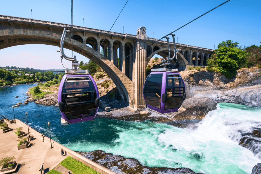 A view of two cable cars passing over river rapids in Spokane, WA on a bright and sunny day