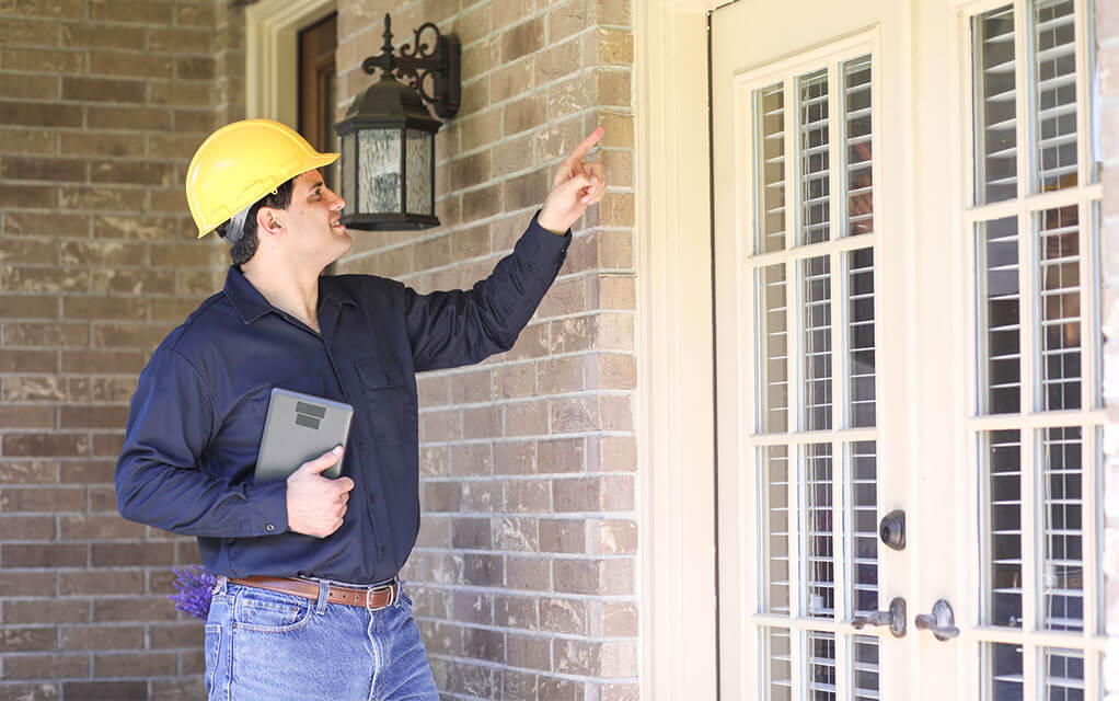 A young man in a yellow hard hat, wearing a blue shirt and blue jeans holding a tablet inspects the exterior doors of an upper-middle-class home during the day