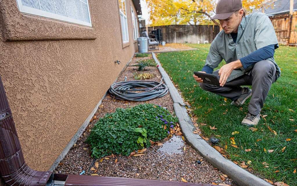 A man wearing dark colored clothing and a ball cap makes notes on his tablet as he inspects some standing water in a garden bed of a home