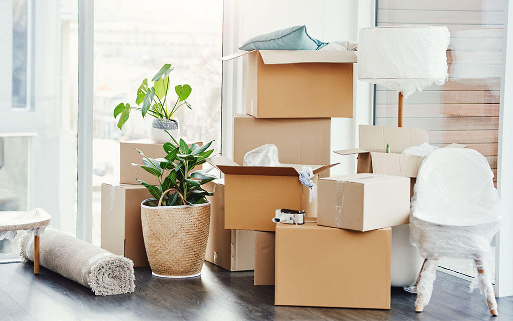 A bunch of boxes and other home goods sit in the pile on the floor ready to be moved out of the house