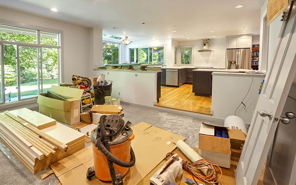 View of the interior of a upscale middle-class home undergoing a renovation in the living room