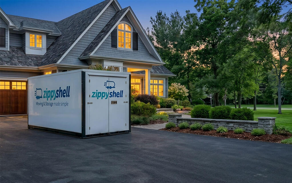 A Zippy Shell branded portable storage container sits in the driveway of a large, upscale suburban home in the evening as the lights in the house behind it are all on