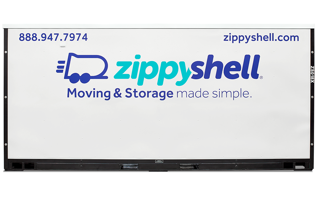 Side view of a Zippy Shell branded portable storage container