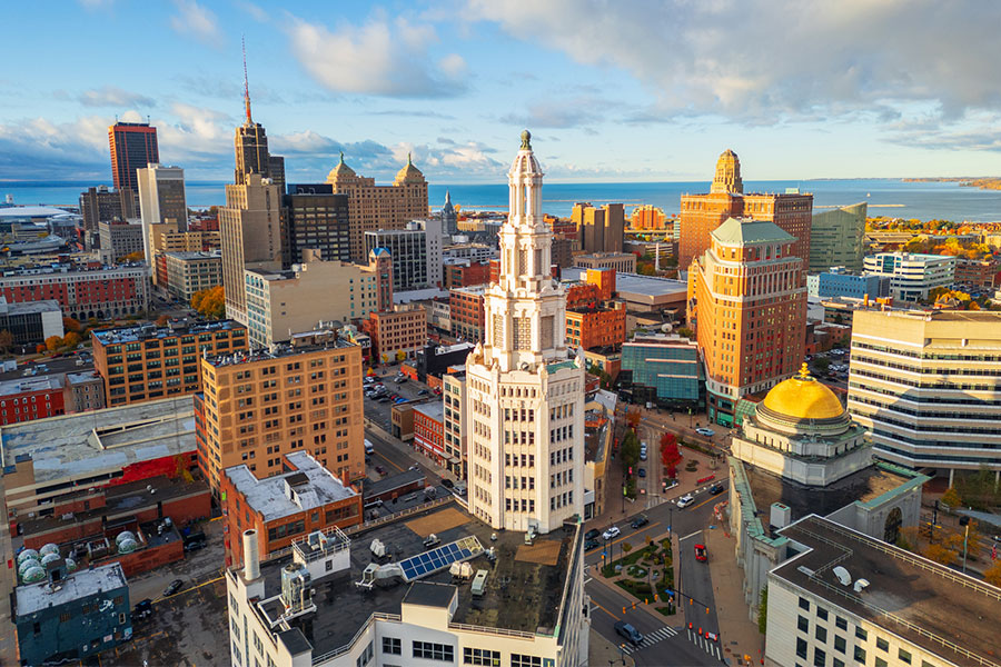 An aerial view of downtown Buffalo, NY on a sunny morning