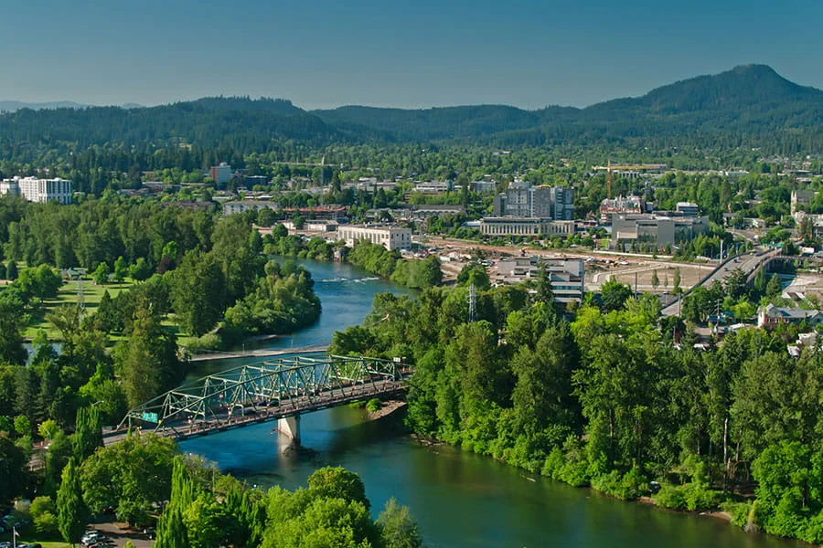An aerial view of Eugene, OR on a sunny spring day