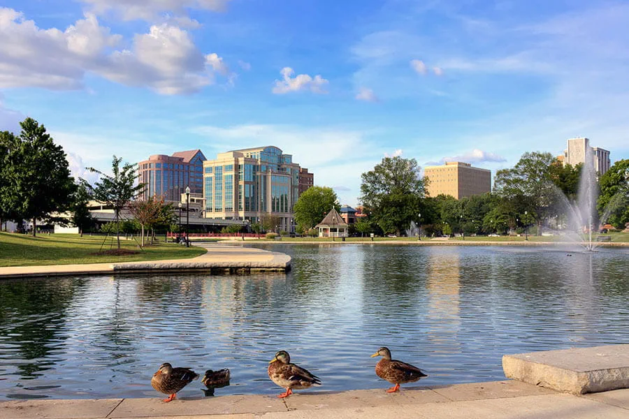 A view of a lake and some ducks walking along it with downtown Huntsville, Alabama in the background on a sunny morning