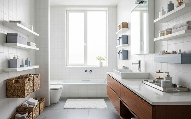 View of an upscale bathroom adorned in white and light brown wood drawers, with bright light coming through the windows