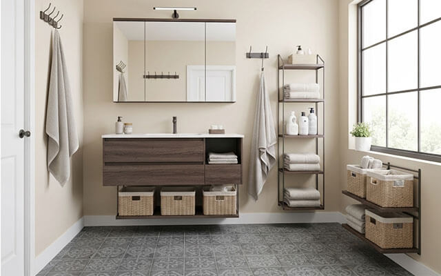 View of a upscale home's bathroom, with storage for towels, cleaners, and other items all on the walls with a towel hanging from a hook on the wall